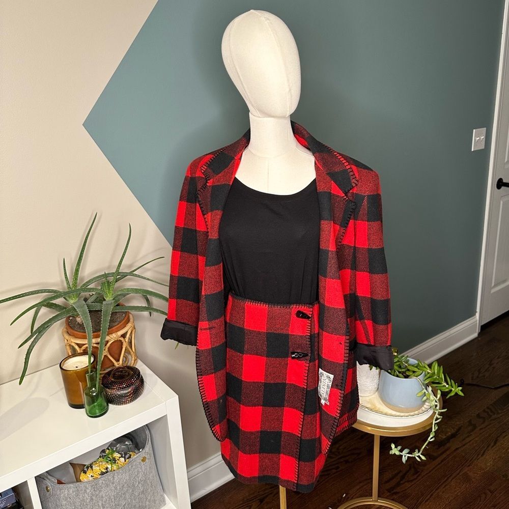 Vintage 90s Buffalo Plaid Wool Blend Skirt Suit Matching Set Ninety Made in USA - Picture 2 of 15